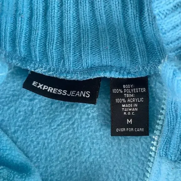 Y2K Express Jeans Aqua Fleece Rib Knit Zip Up Sweater Jacket Women’s M - Picture 5 of 6